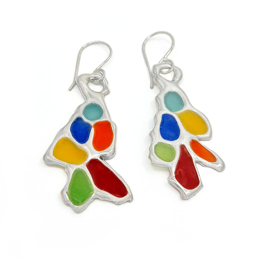 Introducing the Vitro Multicolour Earrings from FR | Art Jewellery: a stunning pair of earrings featuring a unique, abstract design with vibrant sections in red, blue, yellow, green, and turquoise, all enhanced by sterling silver. The hook-style backs ensure easy wearing and add to their elegance.