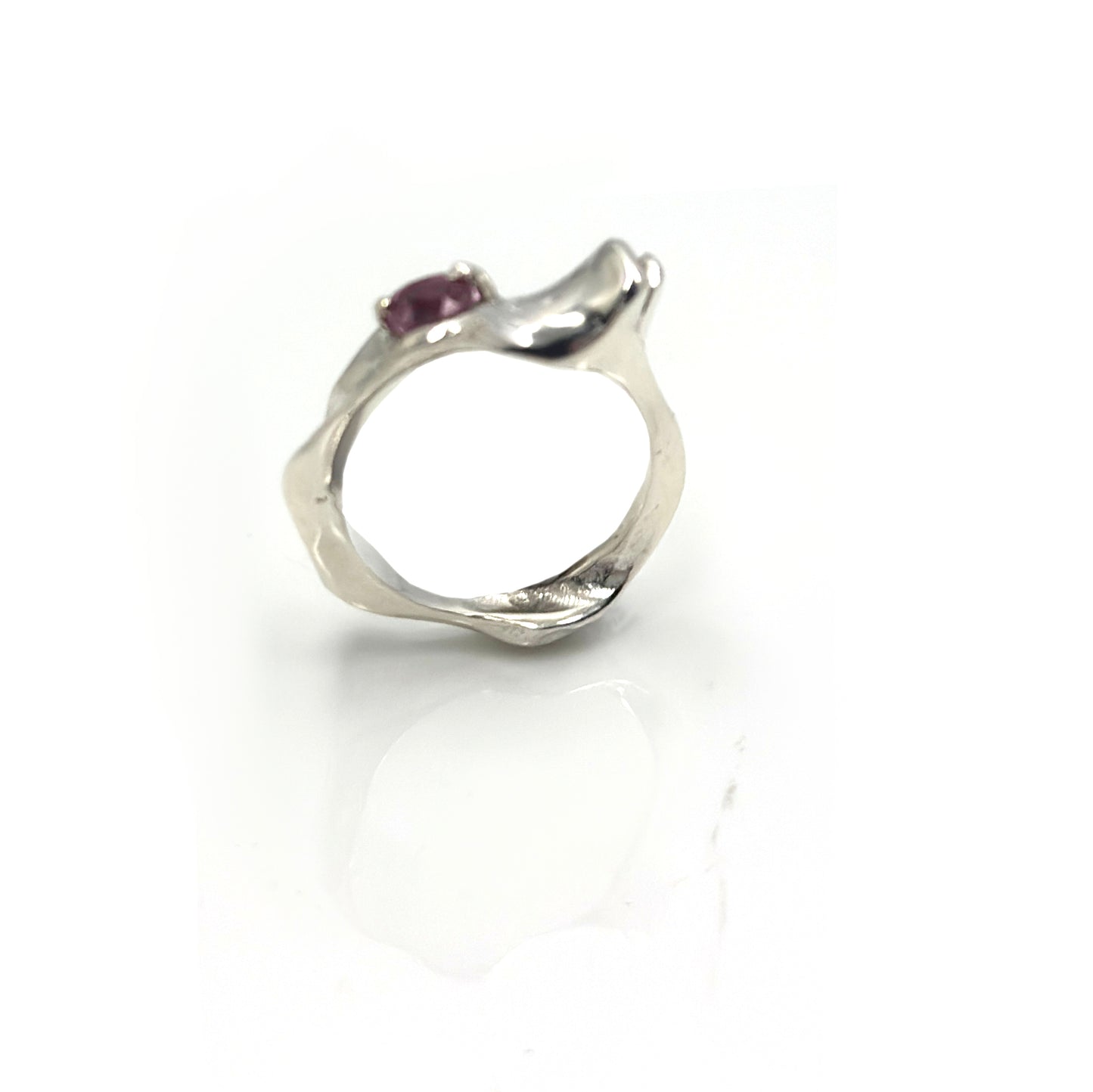 Handmade sterling silver sculptural Water Ring with pink-red spinel gemstone, wave-inspired organic design more