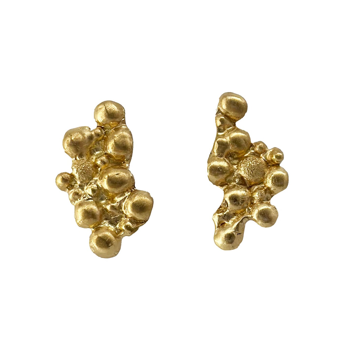 A pair of irregularly-shaped, gold-plated nugget earrings with a bumpy, textured surface on a white background. The earrings have a shiny, polished finish and resemble natural gold formations. Perfect for those who appreciate handmade jewellery's unique charm from FR | Art Jewellery's Pearl Earrings.