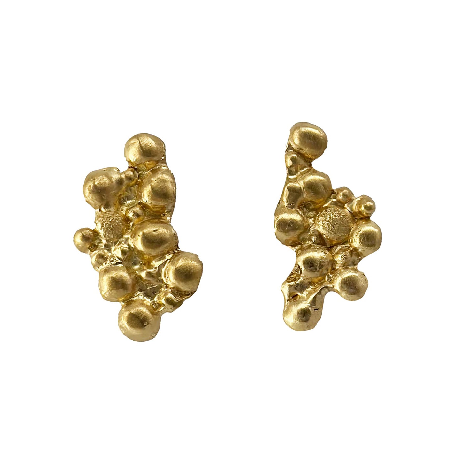 A pair of irregularly-shaped, gold-plated nugget earrings with a bumpy, textured surface on a white background. The earrings have a shiny, polished finish and resemble natural gold formations. Perfect for those who appreciate handmade jewellery's unique charm from FR | Art Jewellery's Pearl Earrings.