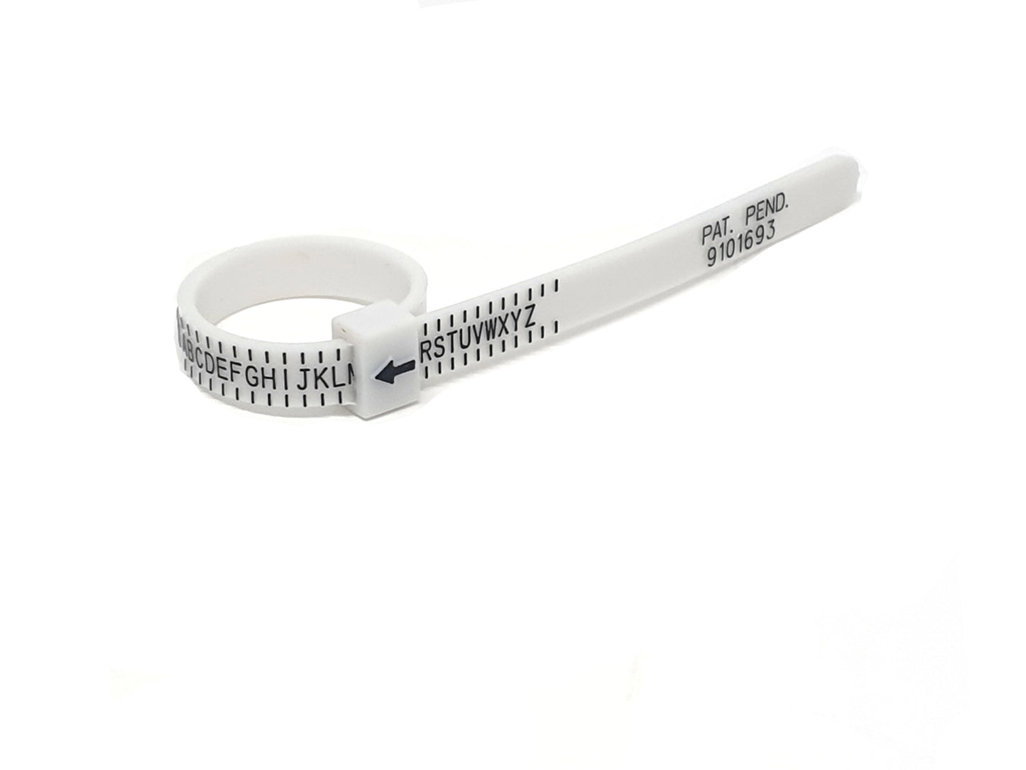 The FR | Art Jewellery Ring Sizer is a white plastic tool resembling a zip tie, labeled with letters A through Y and an upward-pointing black arrow on one end. Along its length, it features "SIZE," "PAT. PEND," and "9101933" for accurate ring size measurement.